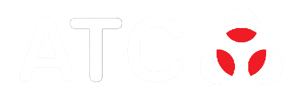 White letters 'ATC' and three red shapes on a white background.