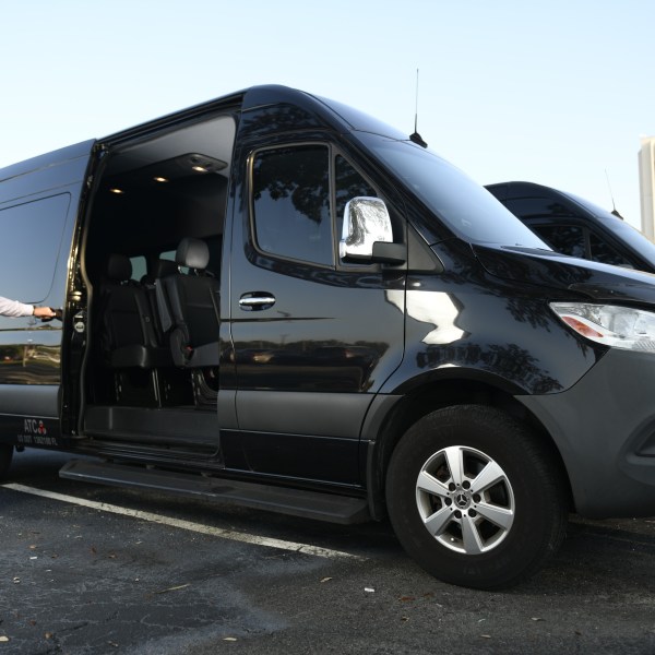 Person opening sliding door of black van in parking lot during daytime.