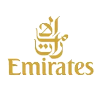 Emirates logo with Arabic script and gold text.