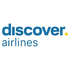 Logo with blue text 'discover airlines' and a yellow dot.